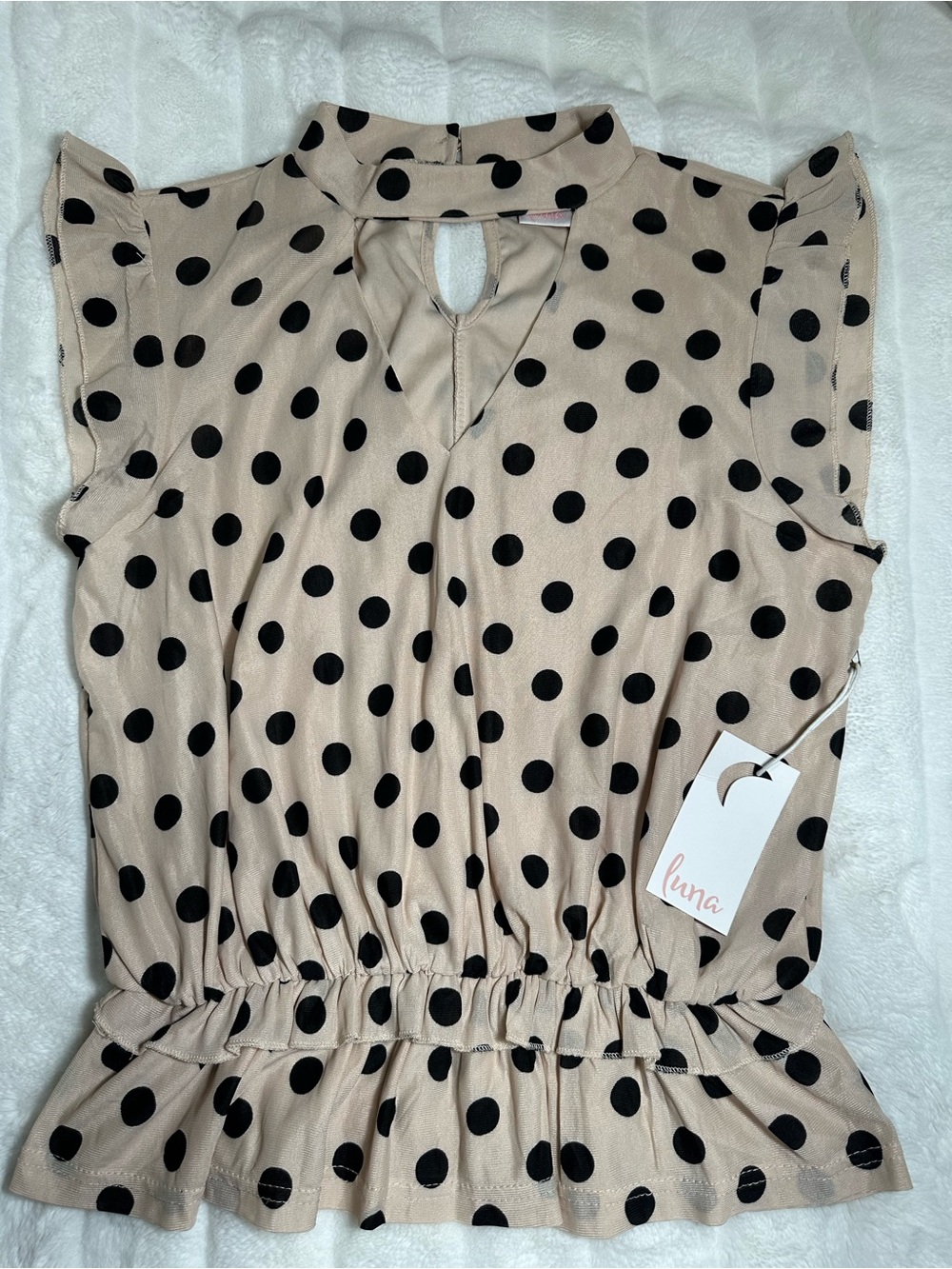 Luna Beige Polka Dot Flutter Sleeve Blouse